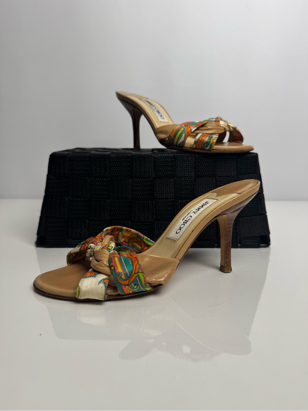 Jimmy Choo Braided Silk & Leather Strappy 3 inch Kitten Heel Sandals Size EU 36